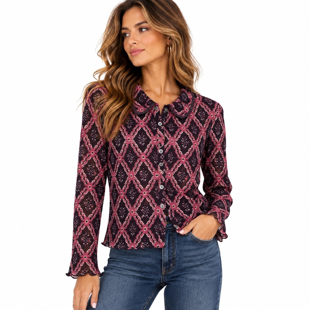 Free People Caught A Feeling Cardi Womens S Pink Smocked Mesh Top Y2K Boho